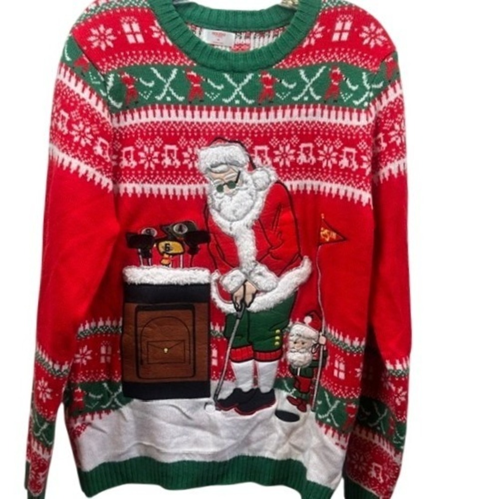 NWT Holiday Time Santa Golfer Men's Ugly Christmas Sweater MD Red Green Golfing